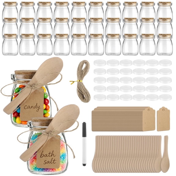 30 Pcs Glass Favor Jars, 3.4 oz Small Clear Bottles with Cork & Plastic Lids, Mini Candy Containers & Pudding Jars, Including Spoons, Tags, Twine and Pen, Ideal for Wedding Favors, DIY Craft Projects