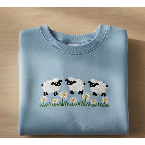 Embroidered Sheep Sweatshirt – Cute Three Lambs and Daisy Flowers Crewneck, Cozy Pastel Spring Top, Whimsical Animal Lover Gift