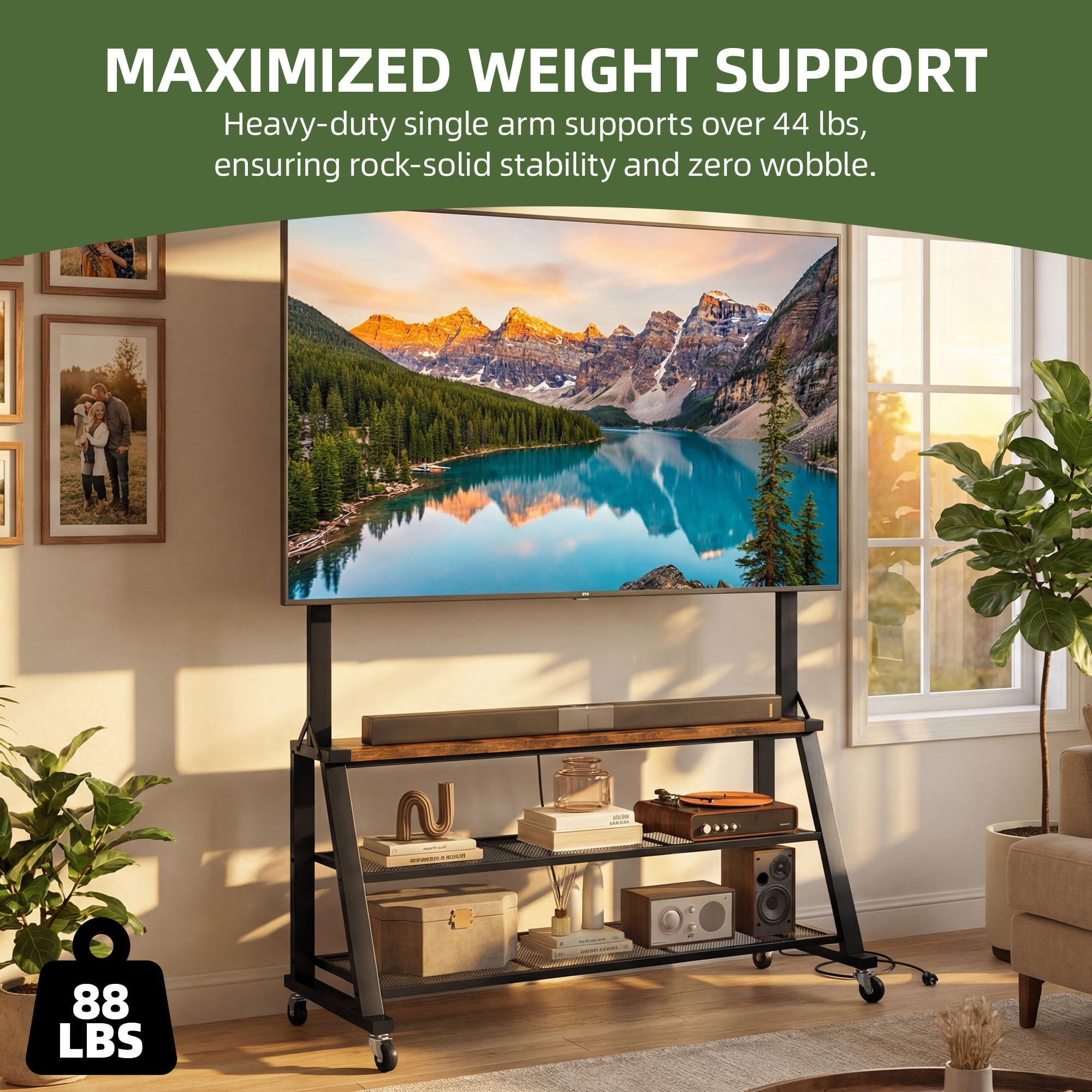Uforic 46"W Rolling TV Stand with Lockable Wheels & Power Outlets, Mobile Cart for 32-75 Inch TVs, Rustic Brown