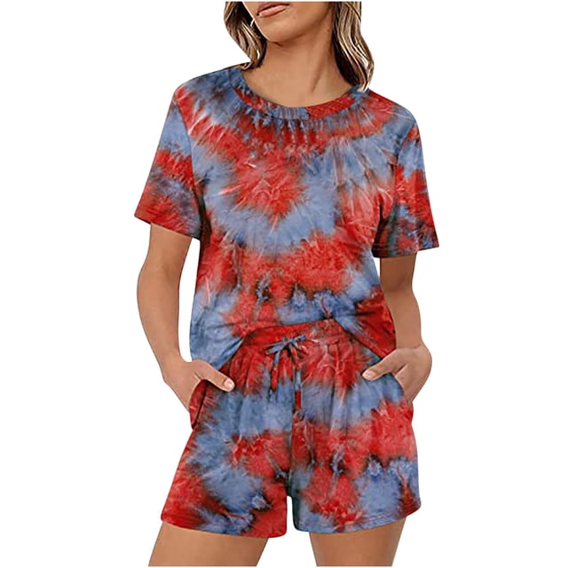 Birdeem Two-Piece Womens Summer Printed and Solid One Shoulder Top and with Pocket Shorts Set Suit