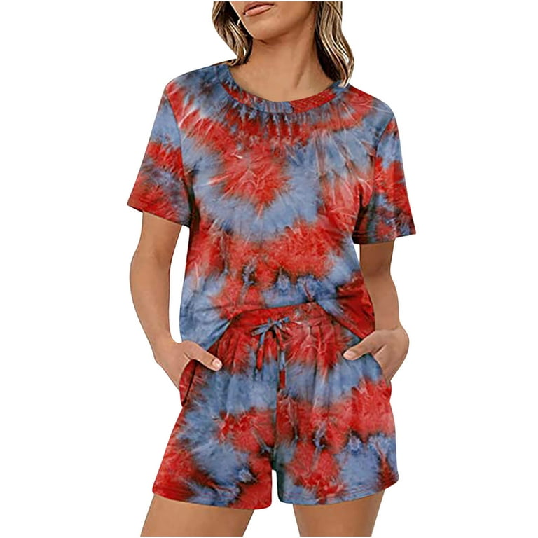 REORIAFEE Outfits for Women Plus Size Disco Outfit Two Piece Women's Summer  Print One Shoulder Top Pocket Shorts Set Suit Red XXXL 