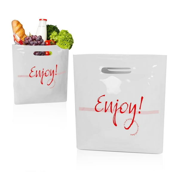 White "Enjoy" Die-Cut Handle Bags, 25 Micron Bottom Gusset, 1000 Count, 12 x 12 x 6 in