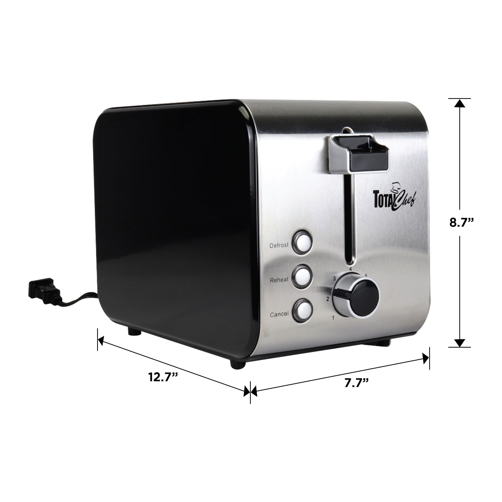 Total Chef 2 Slice Compact Wide Slot Toaster with 7 Shade Settings, Stainless Steel, Defrost and Reheat, Removable Crumb Tray, Easy to Clean, Black and Silver