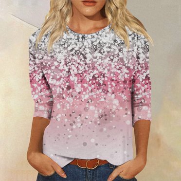 Jsaierl Hauts Scintillants pour Femmes T-Shirts Décontractés Manches 3/4 Mode Automne 2024 Imprimé Paillettes Col Rond Hauts Coupe Ample Chemises Confortables