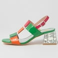 thumbnail image 4 of FSJ Women Square Open Toe Sandals Clear Crystal Chunky Mid Heel Slingbacks T-strap Buckle Multicolor Band Versatile Comfy Slide Shoes Size 13 Green-orange-pink, 4 of 4