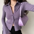 thumbnail image 3 of Blouses polo lapel single-breasted flared Collar Solid sleeve shirt Five-color women's slim long-sleeve Casual Streetwear top, 3 of 5