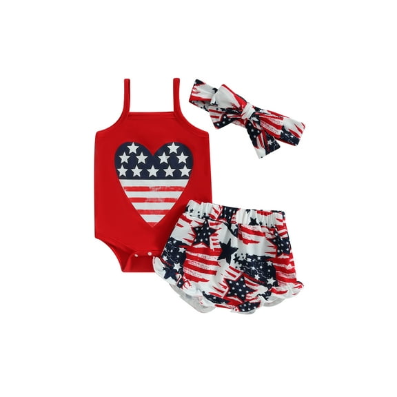 Bagilaanoe 4th of July Clothes for Newborn Baby Girls Heart Print Sleeveless Romper Tops   Star Shorts   Headband 3M 6M 12M 18M Infant Independence Day Outfits 3pcs Short Pants Set