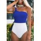 thumbnail image 5 of Traje de baño de una pieza para mujer Color Block Traje de baño con lazo en un hombro, azul blanco, S Feliz Sencillez, 5 of 5