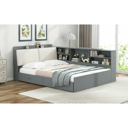 MAYEERTY Wood Full Size platform bed with Storage Headboard Shelves and 2 Drawers Gray