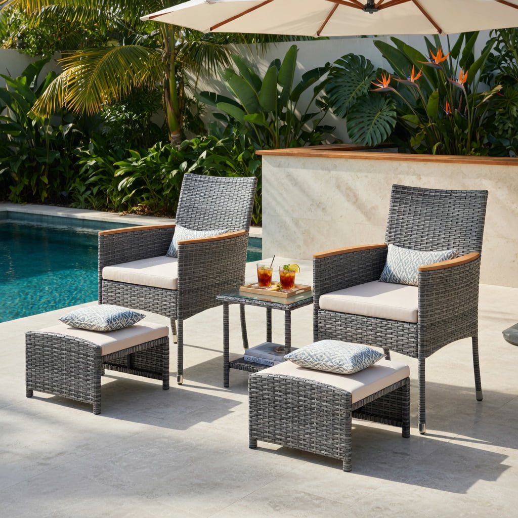 Hommoo 5-Piece Outdoor Patio Conversation Set with PE Rattan Armchairs, Ottoman Footrests & Tempered Glass Side Table, Weather-Resistant, Space-Saving, Easy-Clean Cushions, Brown