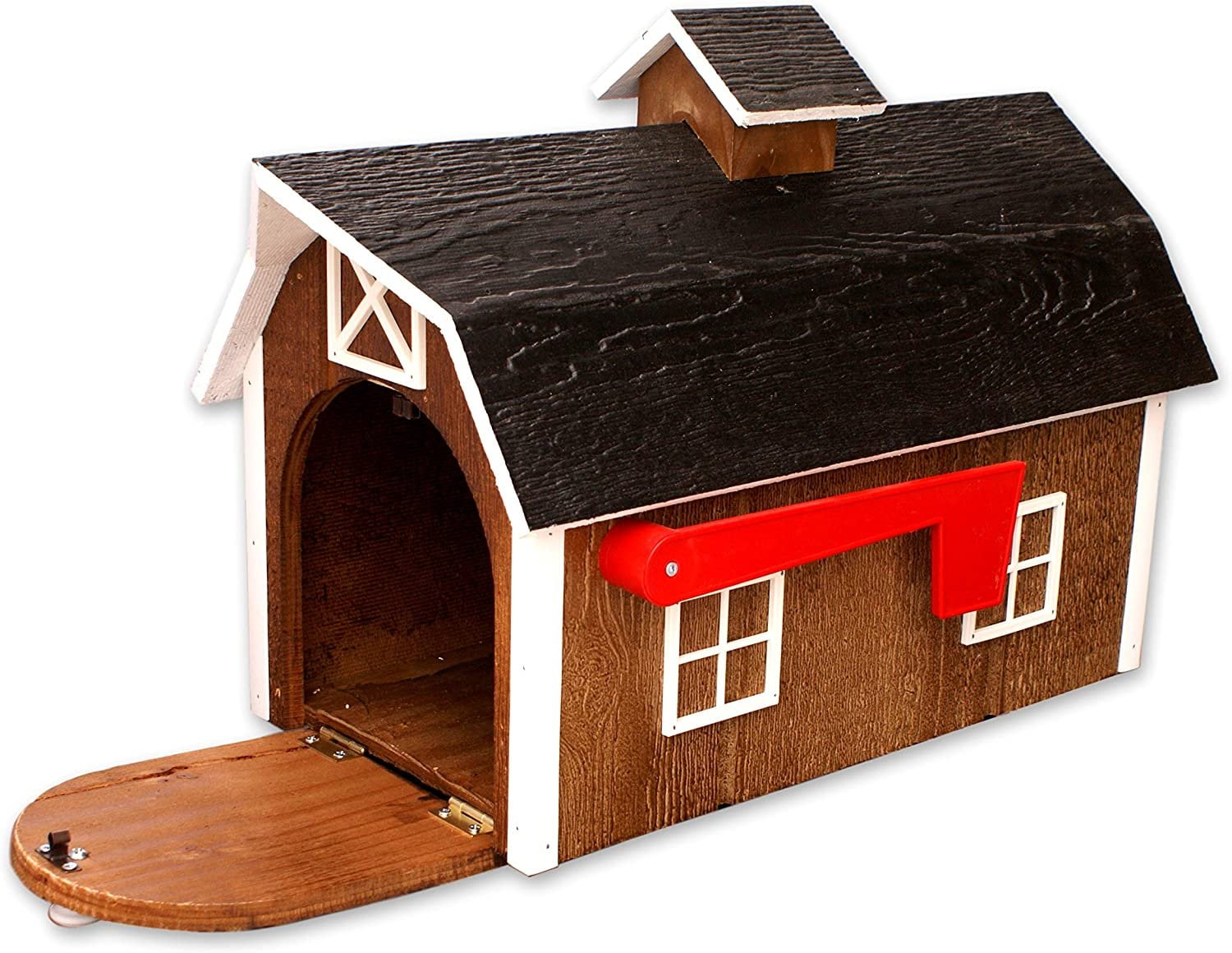Amish-Made Deluxe Wooden Mailbox, Dutch Barn Style Chestnut with White Trim