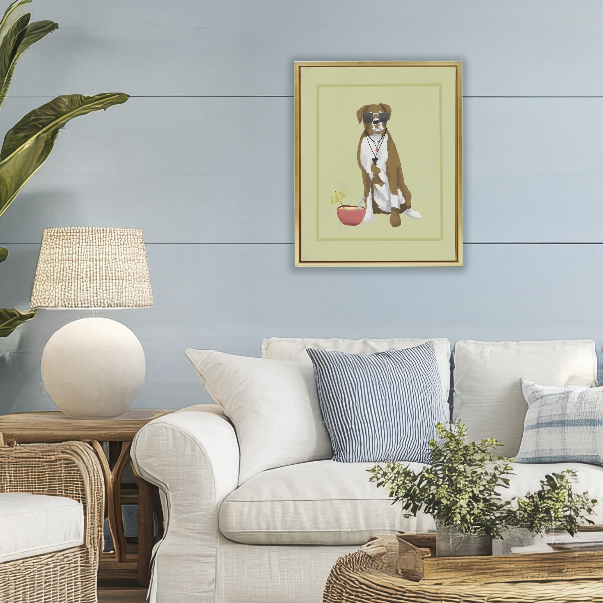 Stupell Industries Boxer Beach Day Gold Framed Floater Canvas Wall Art, design by Sadie Harper