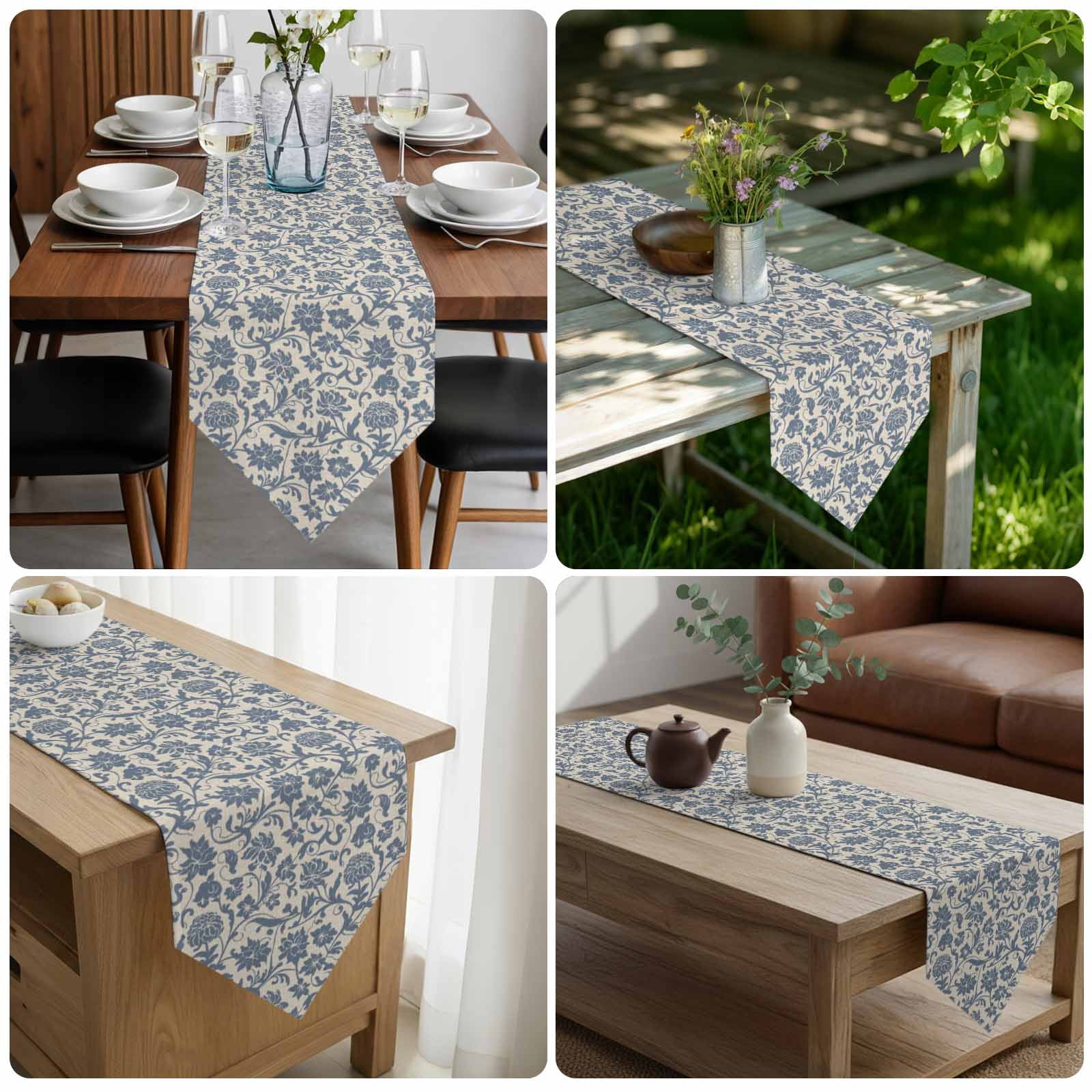 Light Blue Floral Table Runner Linen Burlap Table Runner 48 Inches Long Rustic Vintage Flowers Botanical Spring Dresser Scarves for Kitchen Island Coffee Dining Party Wedding Holiday Decor 13"x48"