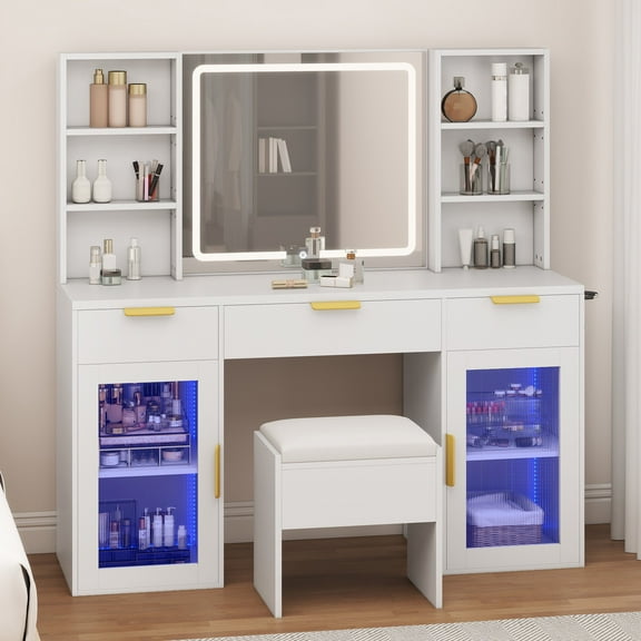 Uforic 56" Vanity Desk with LED Mirror, RGB Cabinets, Power Outlet, Shelves and Stool, White