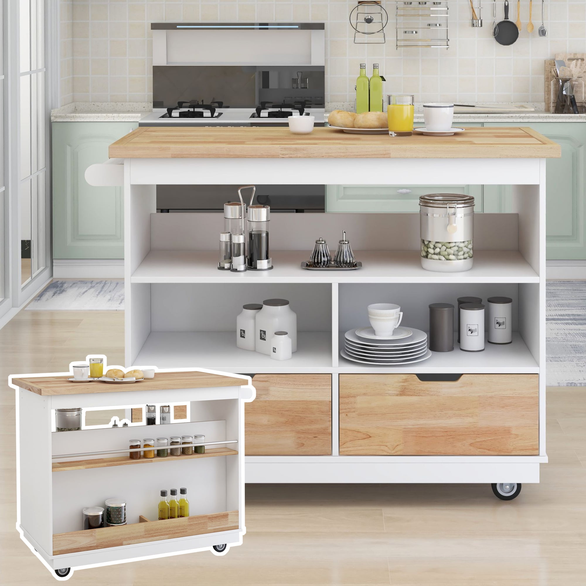 White Wood Top Kitchen Trolley Cart Island Rolling Storage Table Utility Cabinet 
