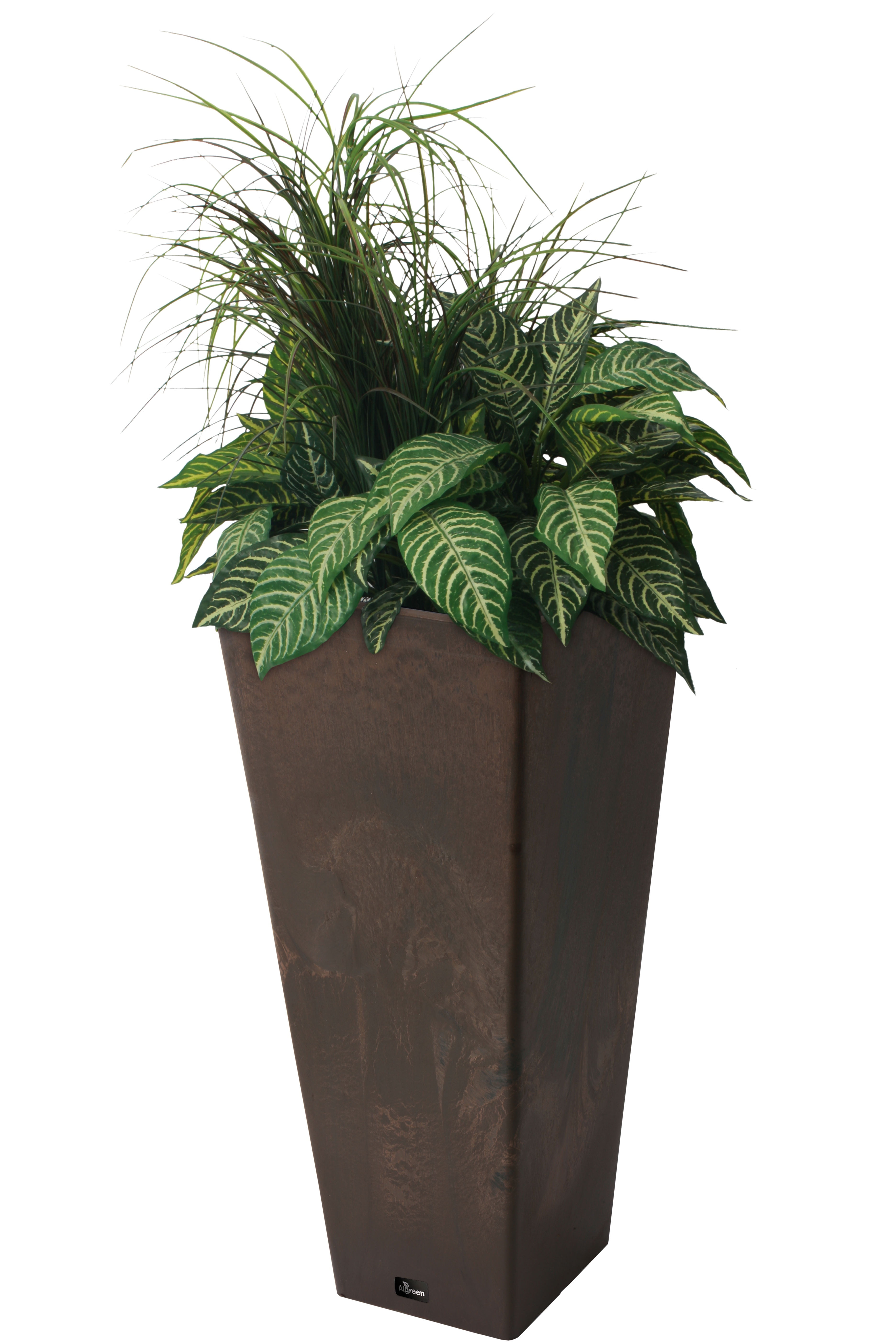 Valencia 10.5"x24"H Square Planter with Water Tray, Brown Marble