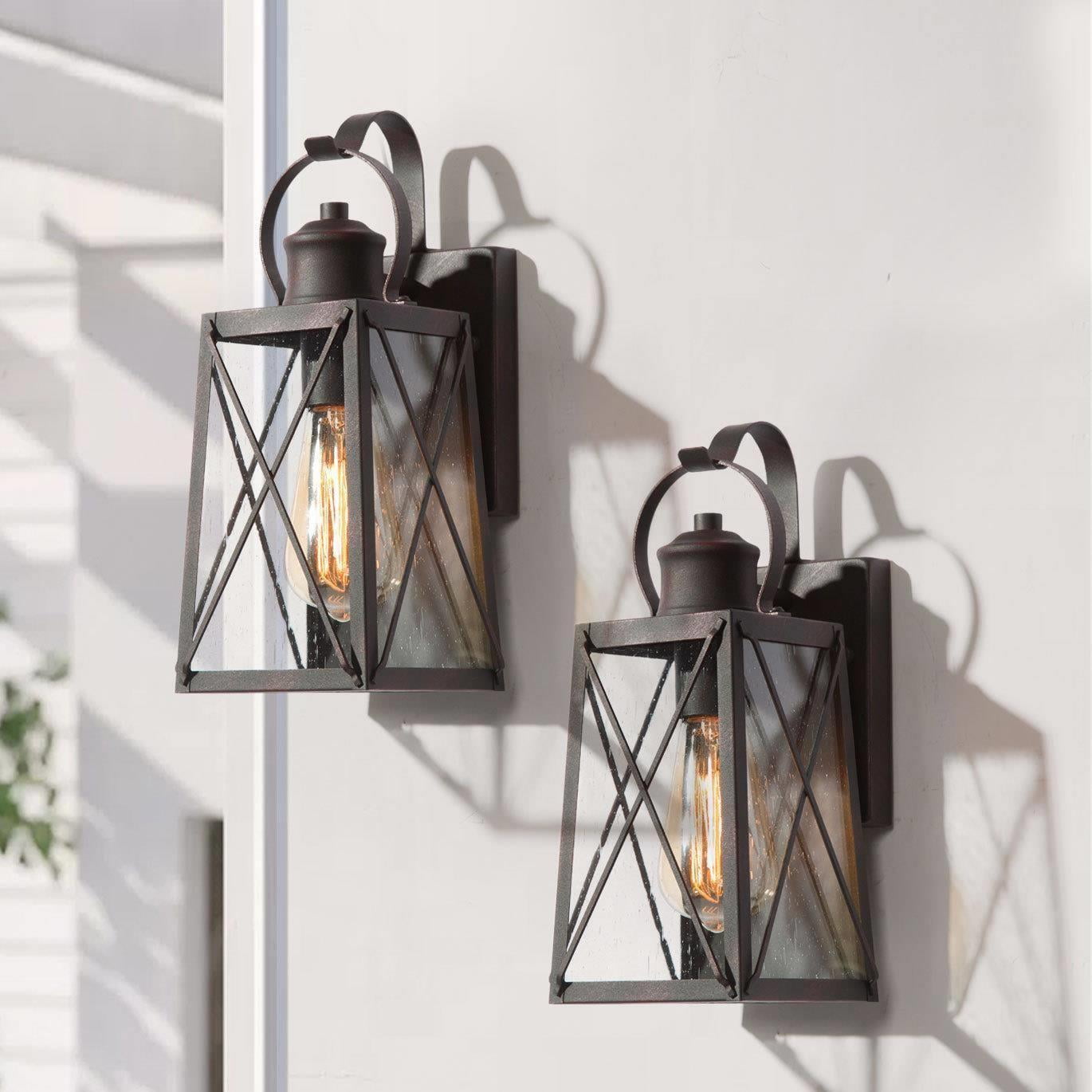 LNC 2pcs/Pack Trasitional Antique Bronze and Seeded Glass Square Shape Outdoor Wall Sconces