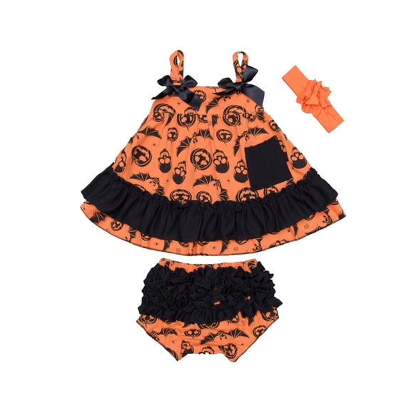 StylesILove Baby Girl Swing Top Pumpkin Dress and Bloomers with Headband 3 pcs Halloween Costume Outfit (L/12-18 Months)