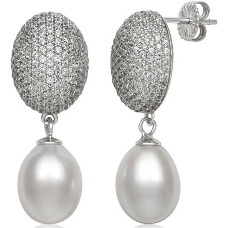 9-10mm Genuine White Cultured Freshwater Pearl and CZ-Encrusted Sterling Silver Drop Earrings