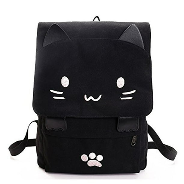 Mochila de lona con bordado de gato para mujer, bolso de estudiante, de moda, con dibujos animados, para la escuela