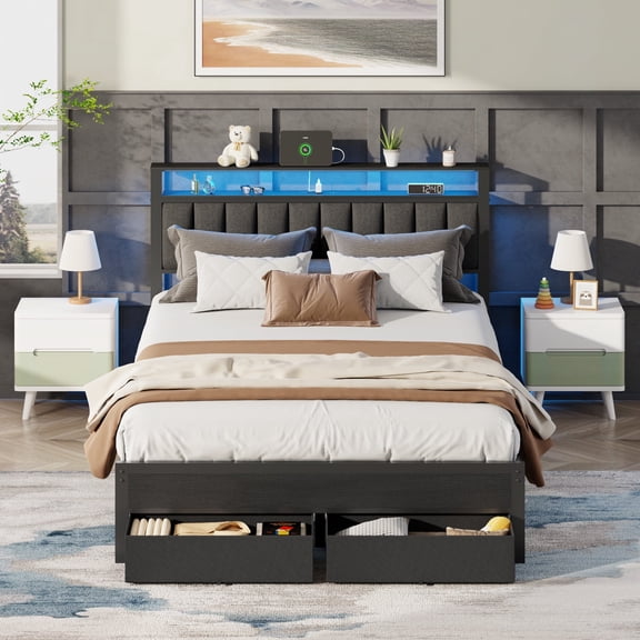 Satifur Queen Bed Frame with 2 Drawers & Storage Headboard, Platform Metal Bed with 2 USB Ports and Outlets, No Box Spring Needed