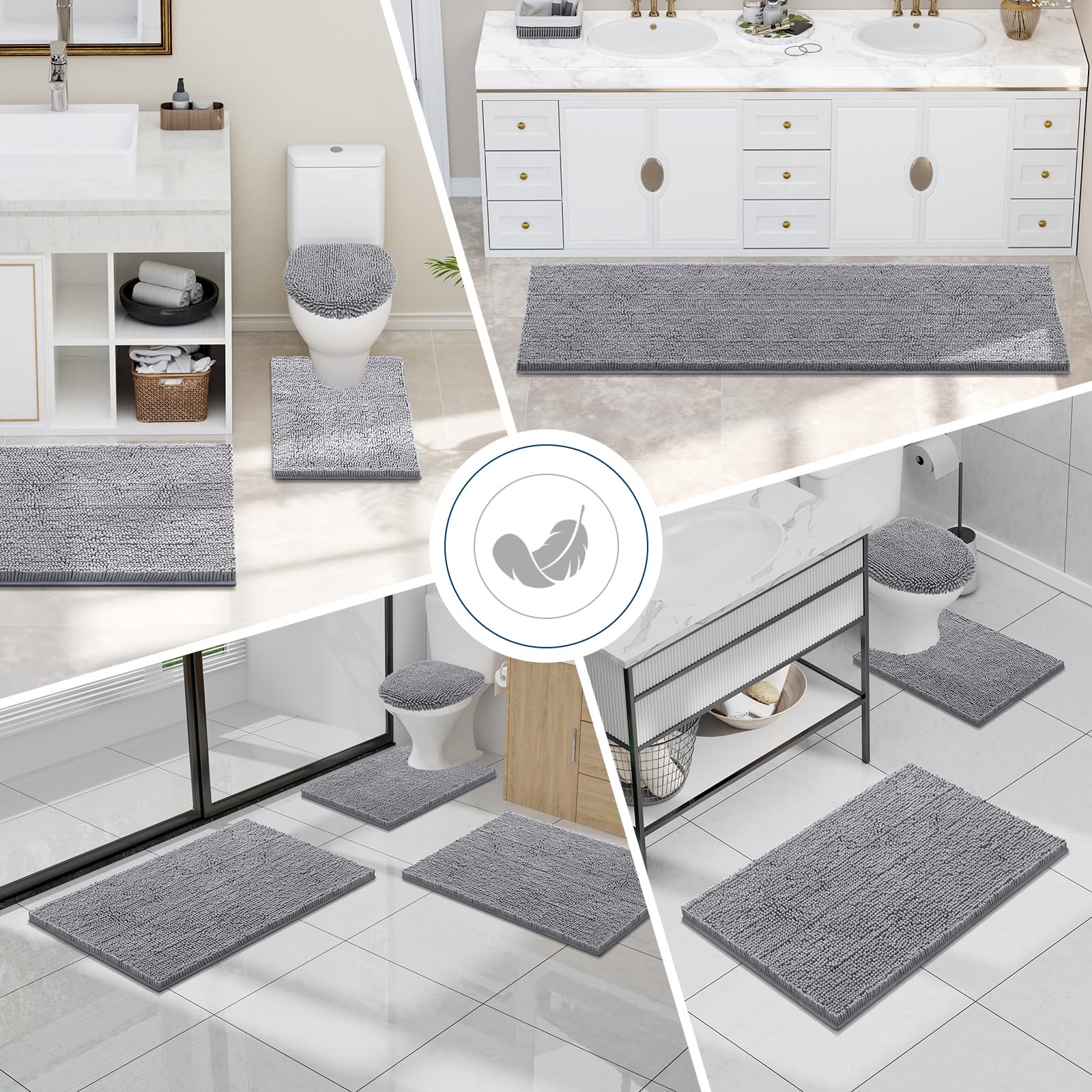 Smiry Bathroom Rugs Sets 2 Piece, Soft Absorbent Chenille Bath Rug Set, Non Slip Machine Washable Shaggy Bath Mats for Tub, Shower, and Floor (30x20+24x16, Grey)