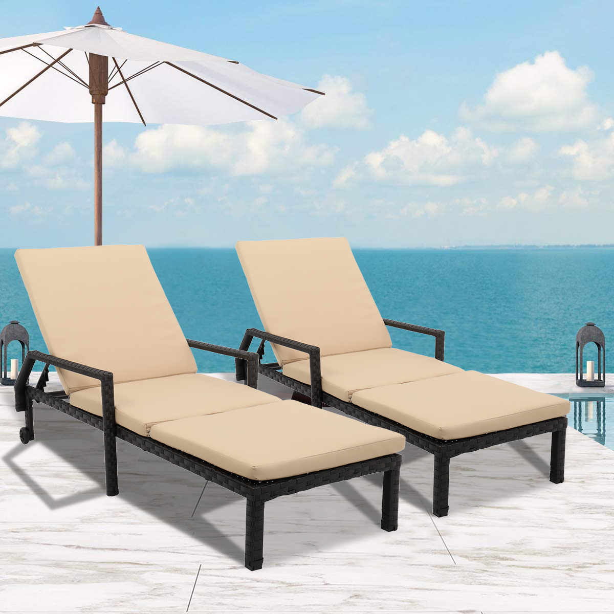 2PCS Chaise Lounge Chairs, BTMWAY Outdoor Chaise Lounge with Beige Cushion, Wicker Lounge Chair Set, Adjustable Patio Chaise Lounge Chair with Wheels, Patio Furniture Recliner for Deck Poolside Beach - image 1 of 13