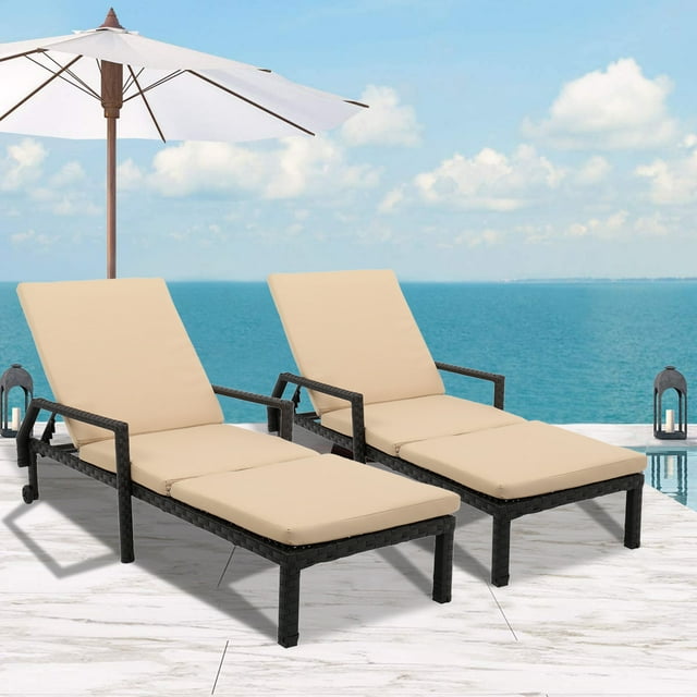 2PCS Chaise Lounge Chairs, BTMWAY Outdoor Chaise Lounge with Beige Cushion, Wicker Lounge Chair Set, Adjustable Patio Chaise Lounge Chair with Wheels, Patio Furniture Recliner for Deck Poolside Beach