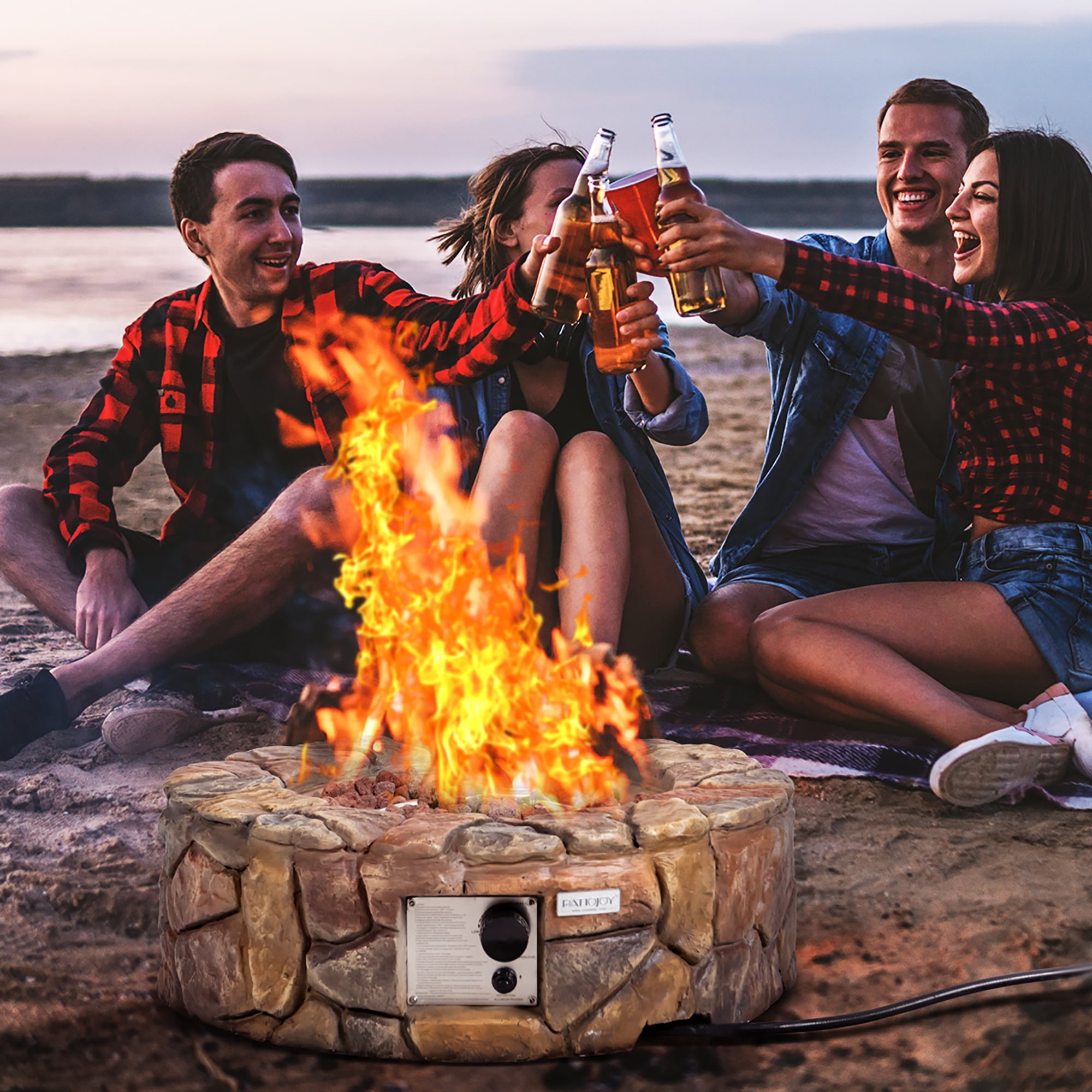 Costway 28'' Propane Gas Fire Pit Outdoor 40,000 BTU Stone Finish Lava Rocks Cover Brown