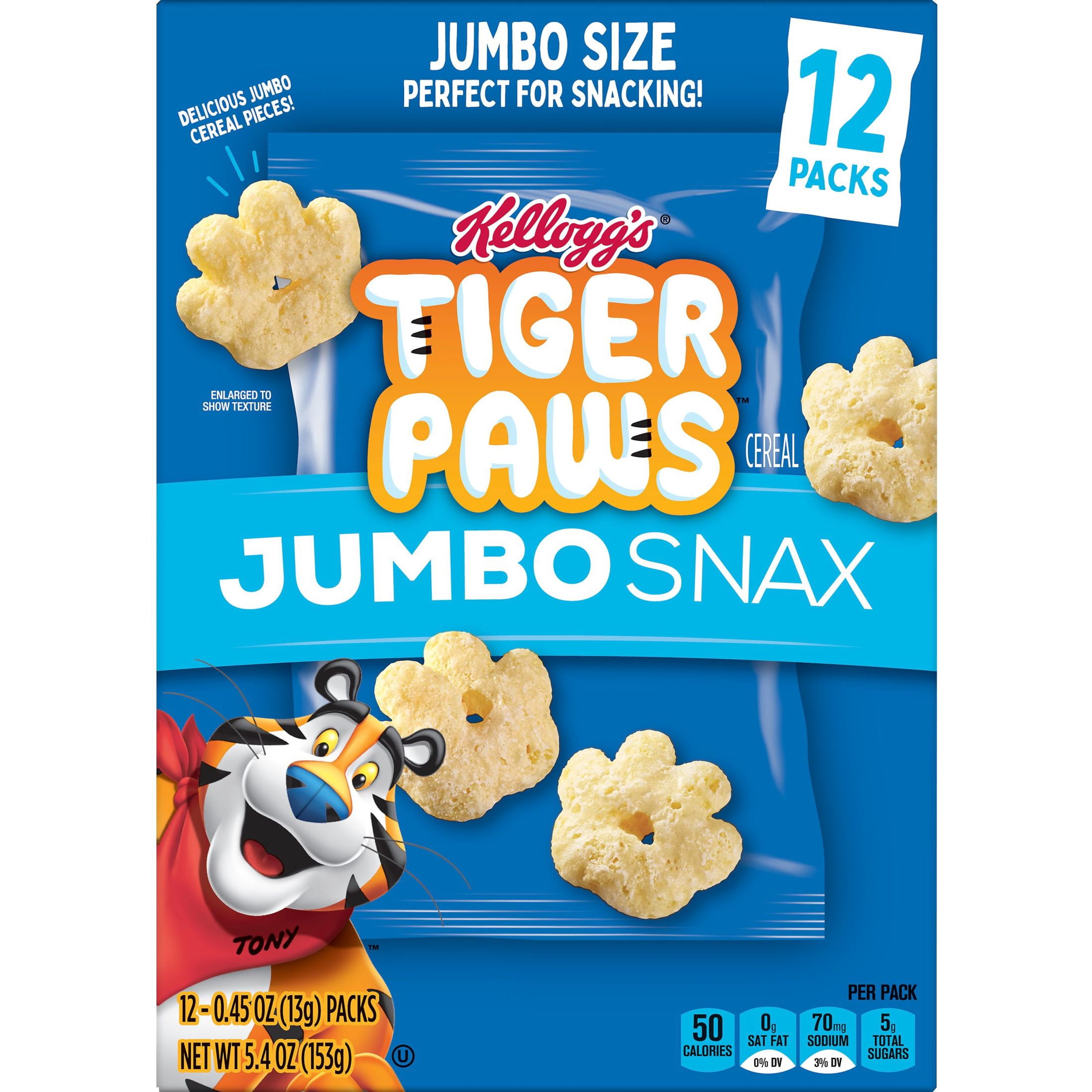 Kellogg's Jumbo Snax Tiger Paws Cereal Snacks, Lunch Snacks, Original, 5.4oz Box (12 Bags)