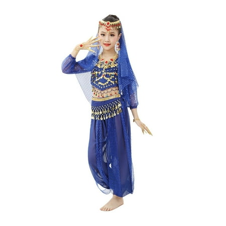 

YTIANH Disco Outfit Woman Girl s Dance Children s Personality Dance Show Belly Dance Sequin Mesh Set (Blue 5-6 Years）