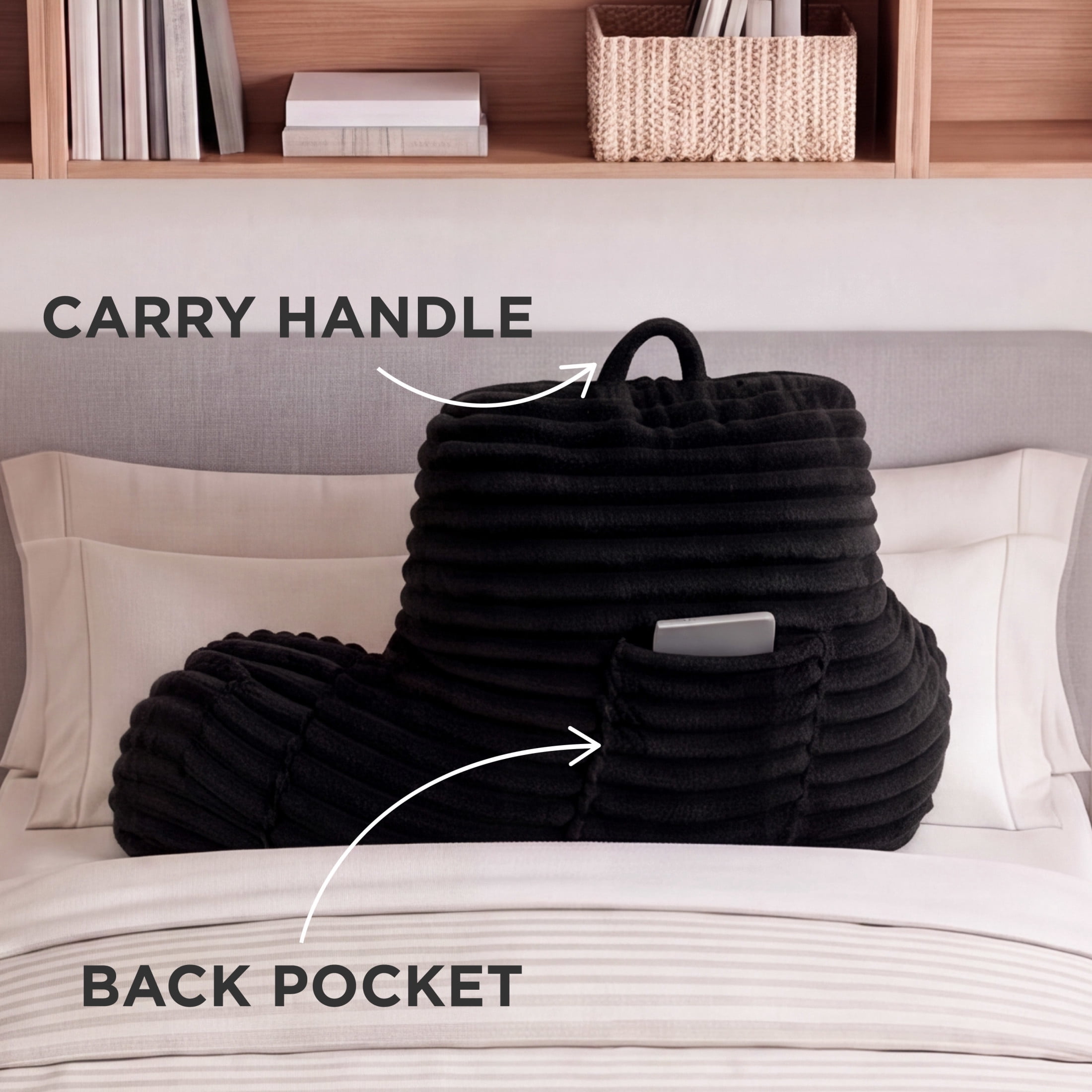The Sheet Lab Ribbed Plush Backrest Pillow, Black, 30" x 17" x 17"