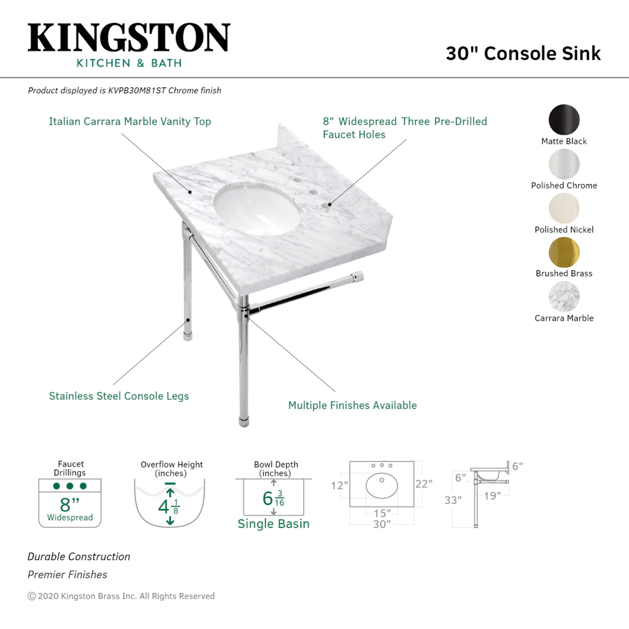 Kingston Brass 30 inch Carrara Marble Vanity Top with Stainless Steel Legs
