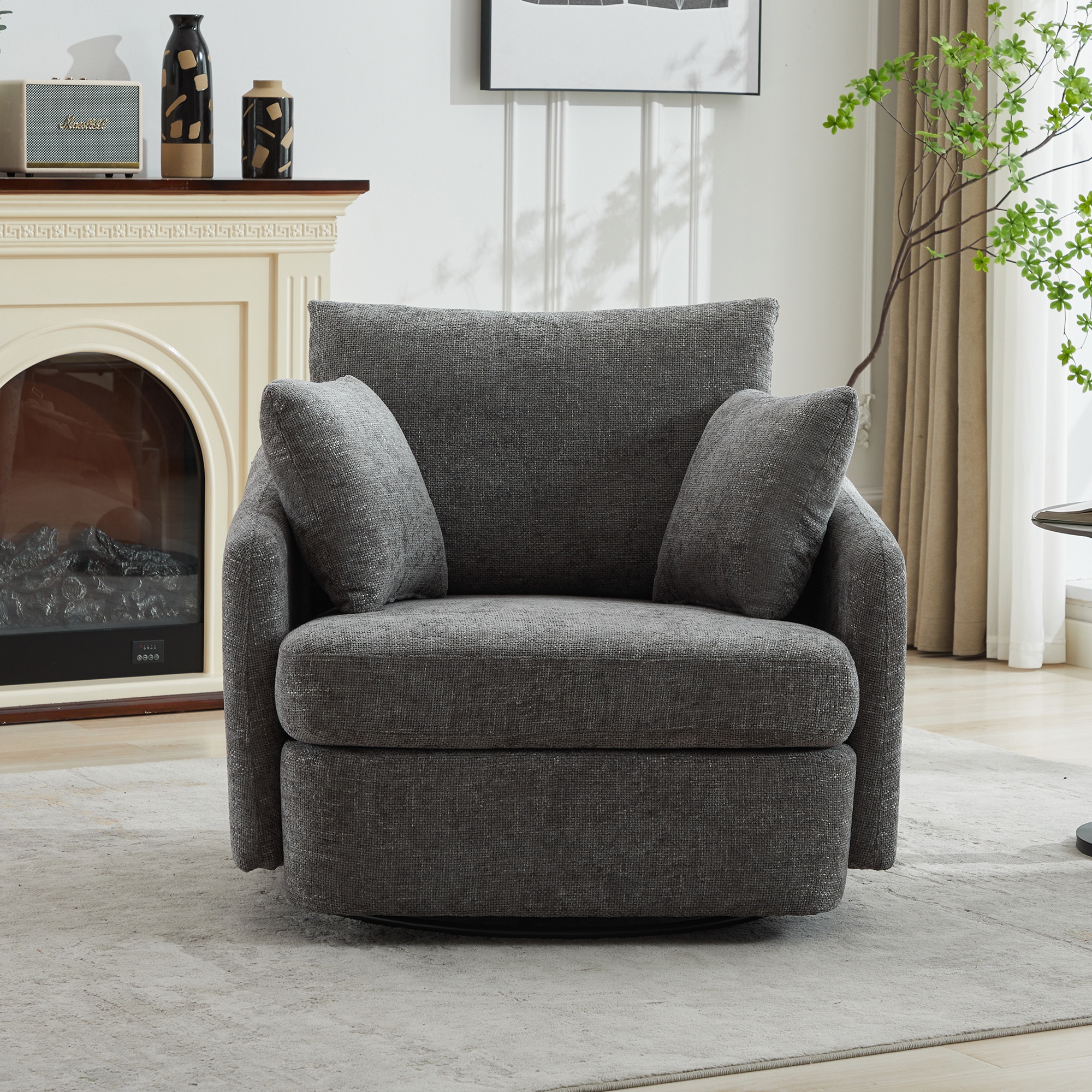 PORKISS Swivel Accent Chair, Modern Barrel Chair with 2 Thorw Pillows, Oversized Comfy Round Armchair Reading Chair, Comfy Chair for Bedroom Living Room, Charcoal