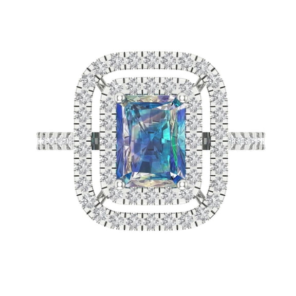 2.62 tcw Emerald Cut Engagement Ring for Women, Blue Moissanite Halo Bridal Promise Ring for Her in 14K White Gold