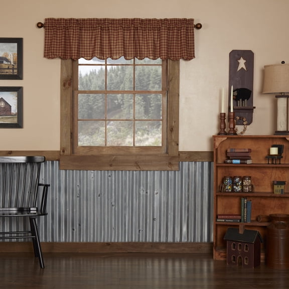 VHC Brands Burgundy Check Primitive 16"x72" Valance Red Rod Pocket Cotton Kitchen Window Curtains