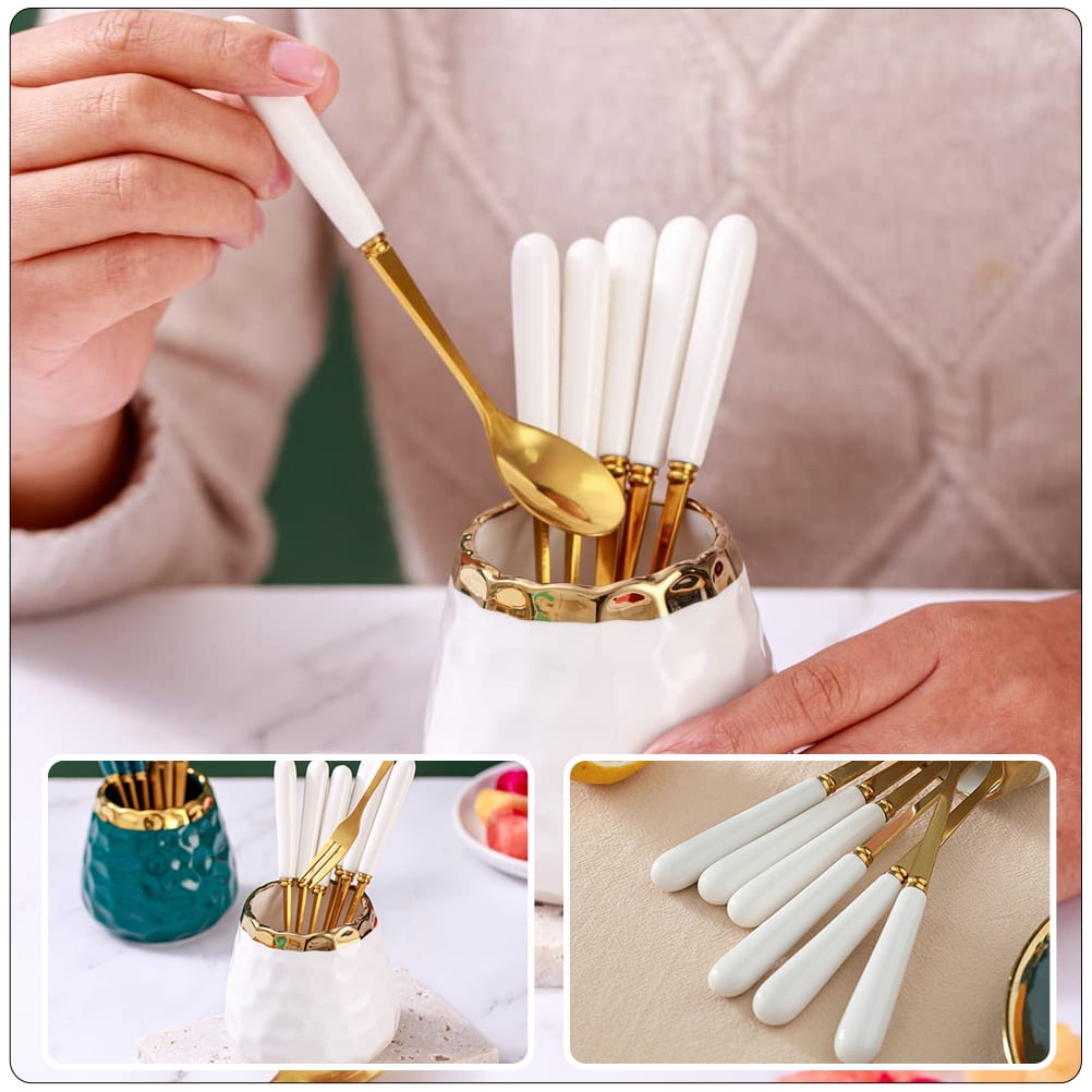 Soimiss White Ceramic and Stainless Steel Storage Jar for Kitchen Essentials, Forks and Spoons