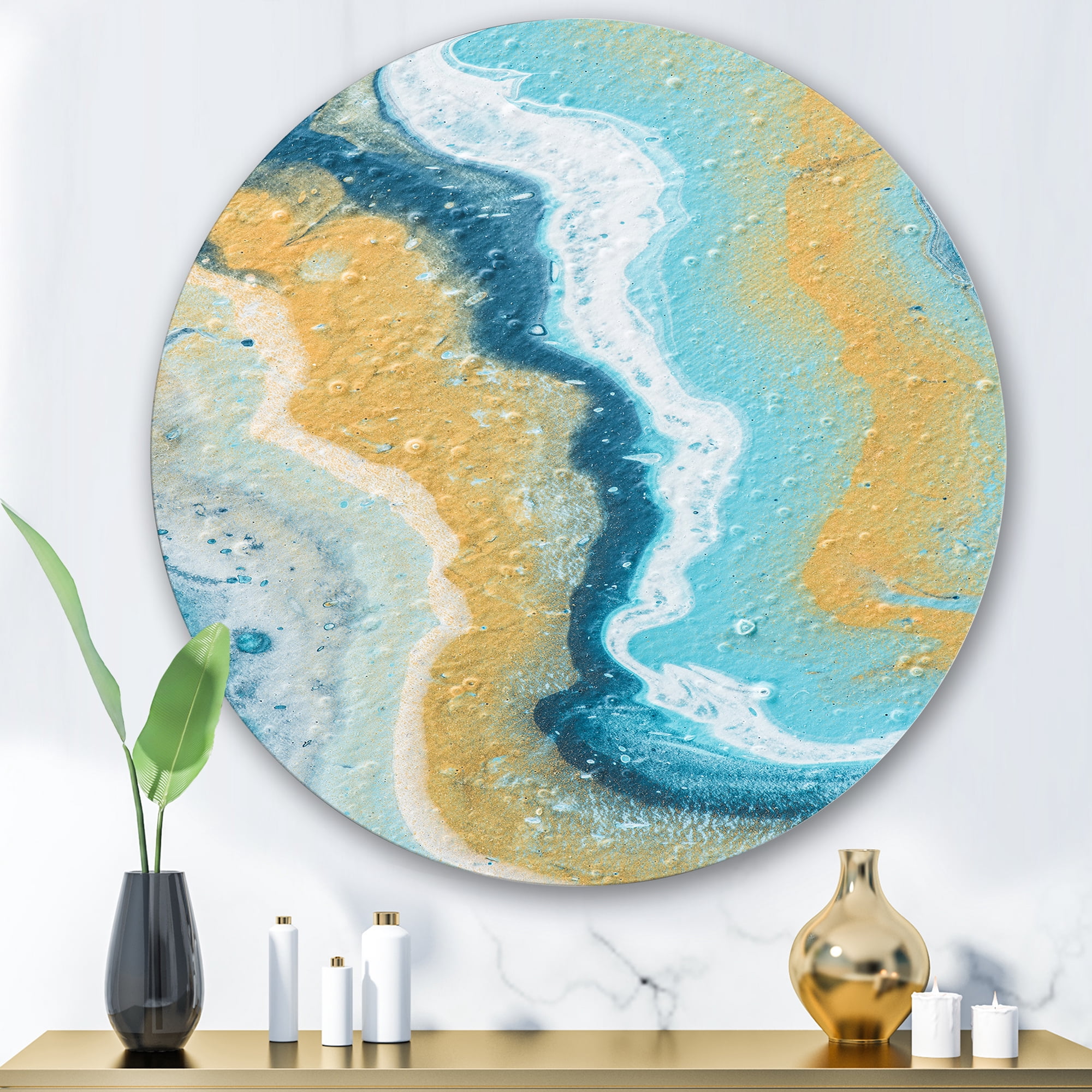 Designart 'Abstract Marble Composition In Blue and Yellow III' Modern Circle Metal Wall Art 29x29 - Disc of 29