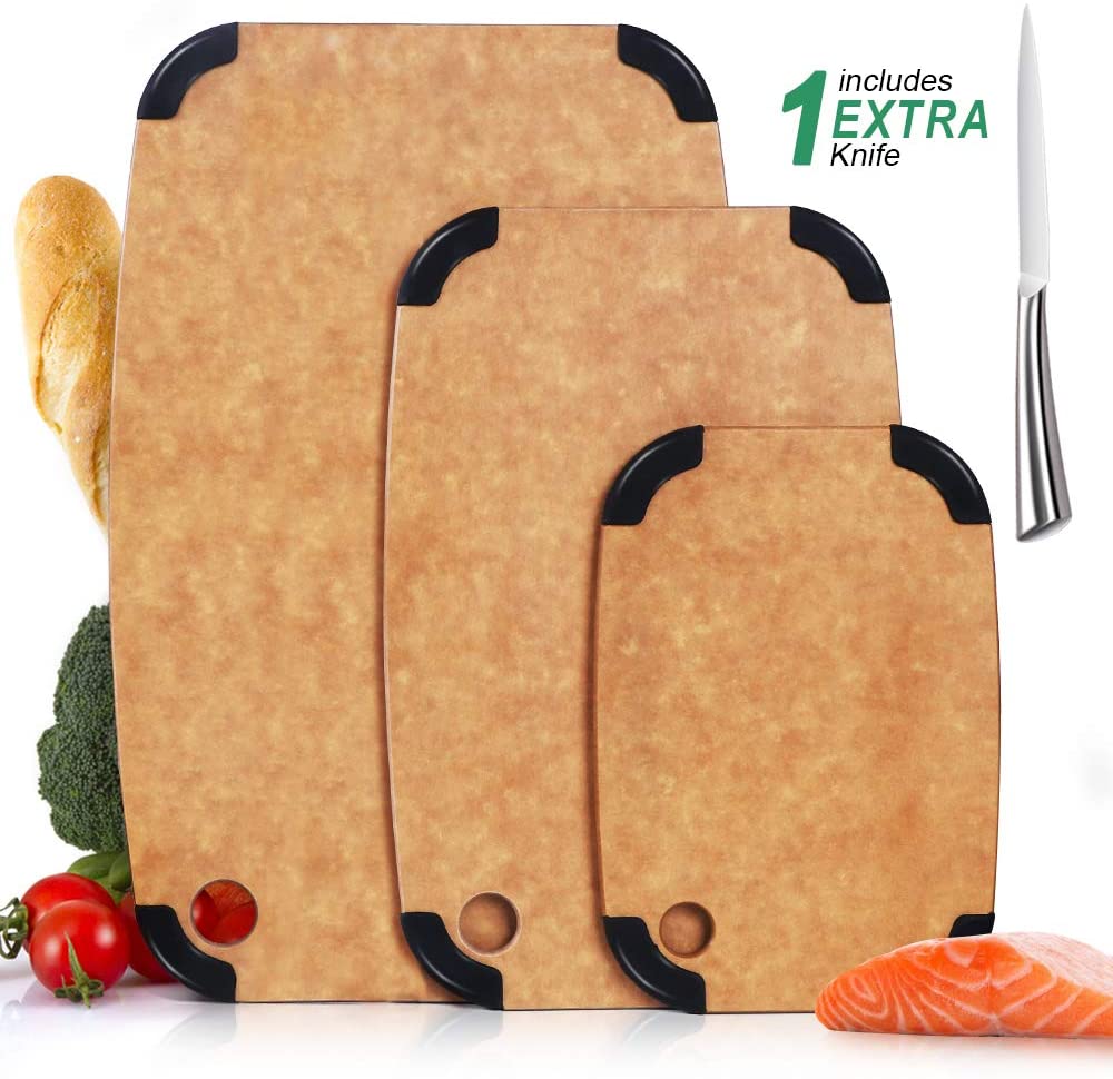 Masthome Set of 3 Wooden Chopping Boards with Different Sizes and 1pcs Fruit Knife,Kitchen Wood Fiber Cutting Board Set with Non-Slip and Hanging Hole for Meats Vegetables Bread