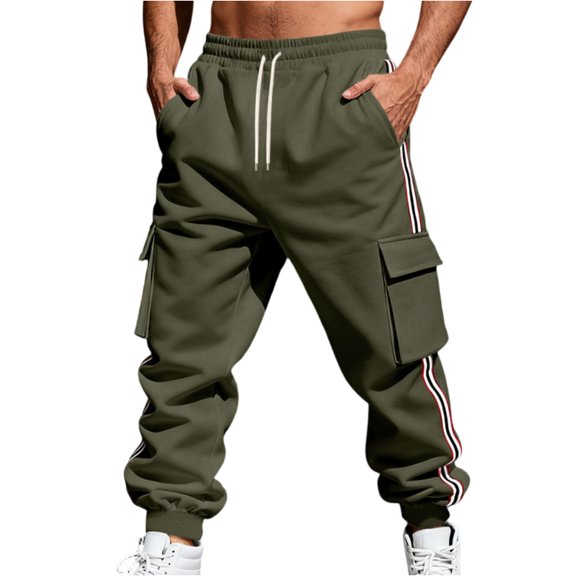 Men’s Athletic Cargo Sweatpants with Drawstring Waist Large Side Pockets Jogger Fit Striped Leg Casual Sportswear Pants