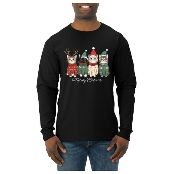 Wild Bobby Meowy Catmas, Christmas Cat Lover Design Sweater | Holiday Men Long Sleeve Shirt