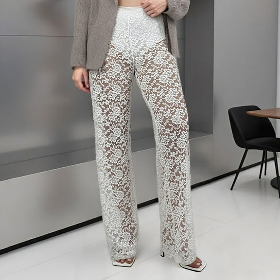 Women's Lace See Through High Waisted Patchwork Long Straight Pants Thick Suit plus Size Womens Apparel Pant Suits for Women Casual Suit Jacket Christmas Party Outfit Womens plus Size Jumpsuits 80s