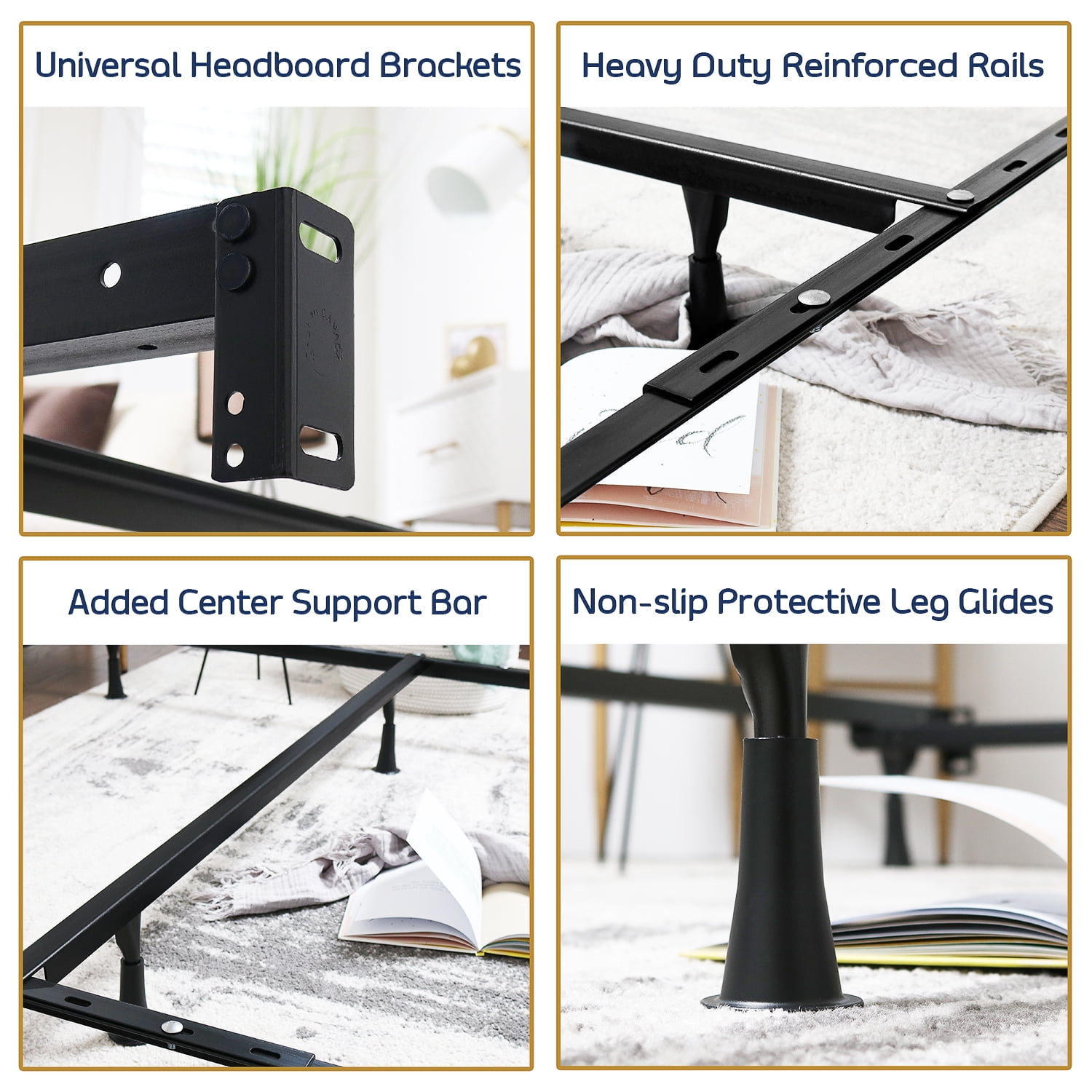 Nestl Adjustable Metal Double Bed Frame Expands to Queen Bed Rails, King Size Frame with Cross Rail and Center Support - 5.25" H Under Bed Frame for Box Spring and Mattress, Black