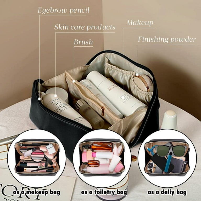 MORPICH® Travel Makeup Bag Large Capacity Cosmetic Bag with Compartment,  Handle, Zipper, Brush Holder Waterproof PU Leather Cute Medium Makeup Pouch