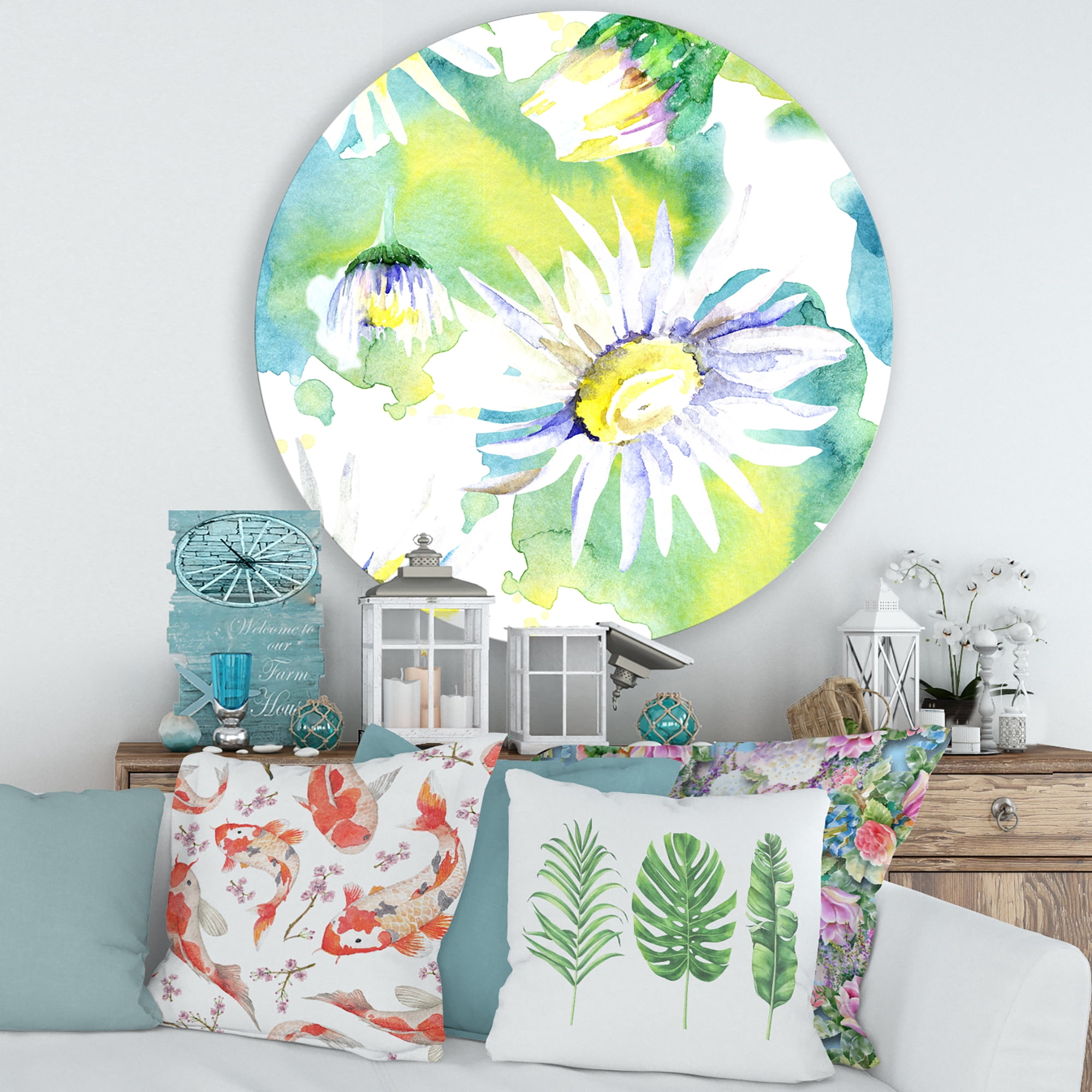 Designart 'Aquarelle Impression of Daisy Flowers II' Traditional Circle Metal Wall Art 36x36 - Disc of 36