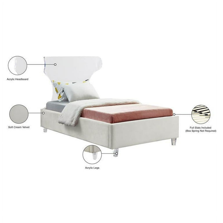 Meridian Furniture Ghost Cream Velvet Twin Bed with Acrylic Headboard and Legs