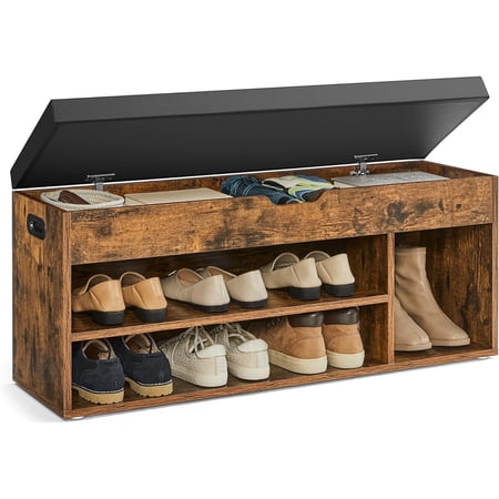 Storage Bench with Cushion for Home, 3 Compartments Shoe Organizer, Entryway Bench, Rustic Brown and Black