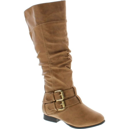 

Top Moda Womens Coco-20 Knee High Round Toe Buckle Slouched Riding Flat Boots Taupe 5.5