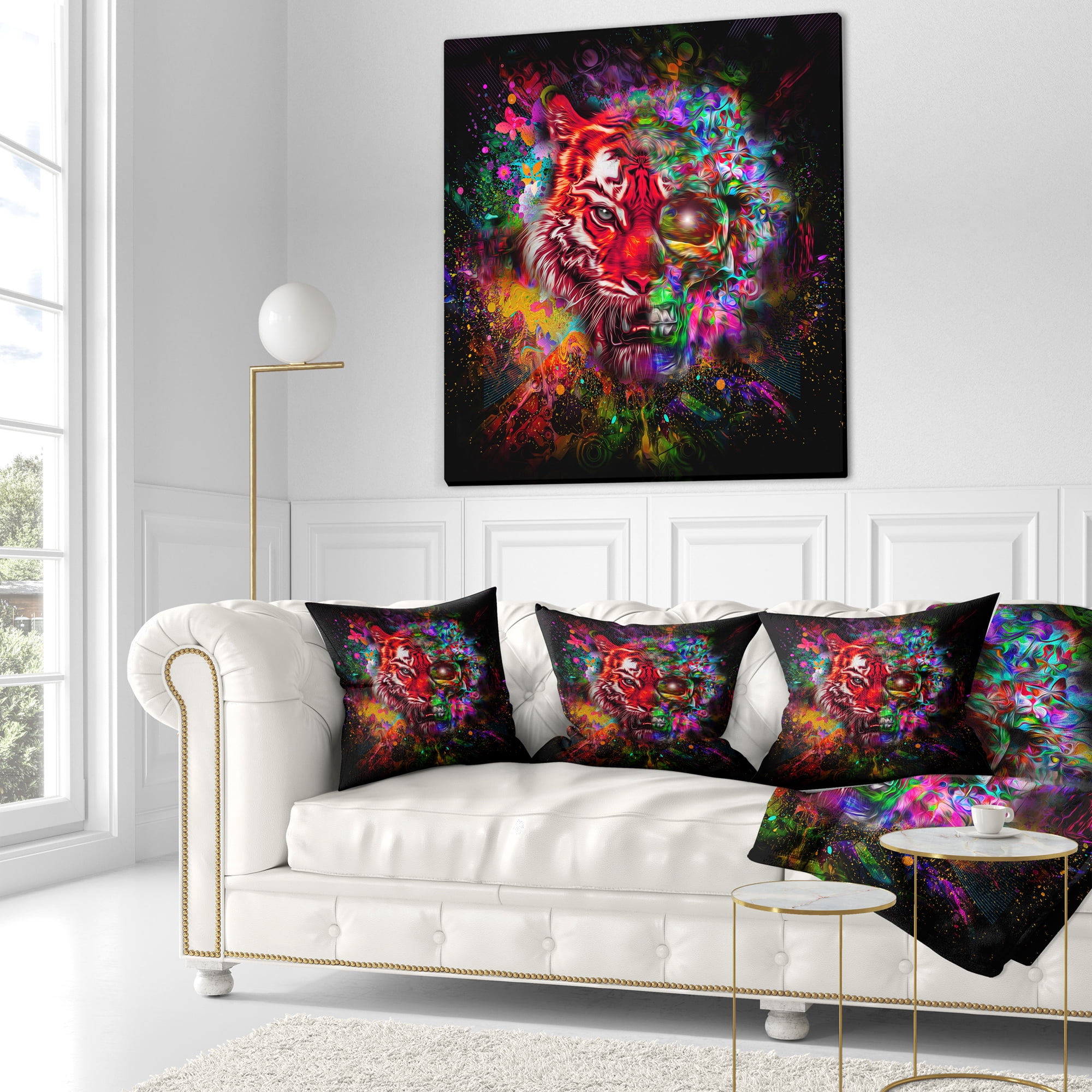 Designart Colorful Tiger Head with Half Skull - Abstract Throw Pillow - 18x18