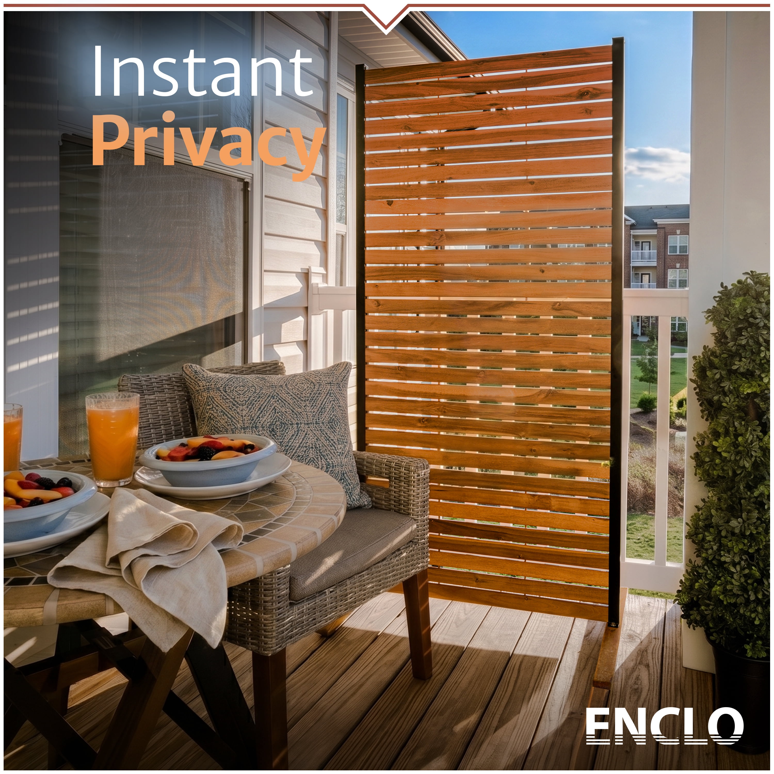 6ft H x 3ft W Freestanding Outdoor Privacy Screen, Enclo Wood Slat Privacy Panel with Steel Frame, Patio Screen Divider or Room Partition for Deck Balcony Indoor Outdoor EC18052